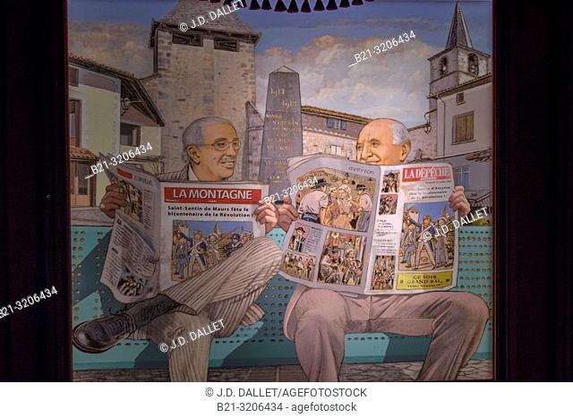 France, Occitanie, Aveyron, at the ""Pierre and Marie Museum"" at Saint Santin d'Aveyron. Poster of the two mayor from Saint Santin de Maurs (Cantal) and Saint...