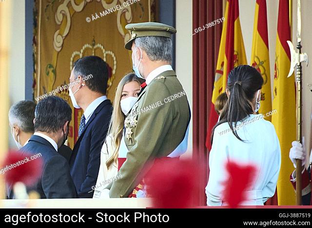 King Felipe VI of Spain, Queen Letizia of Spain, Princess Sofia attends The National Day Military Parade on October 12, 2021 in Madrid, Spain