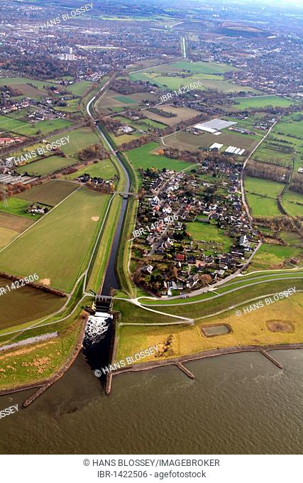 Aerial view, estuary of the Emscher river into the Rhine river, Dinslaken, Ruhrgebiet region, North Rhine-Westphalia, Germany, Europe