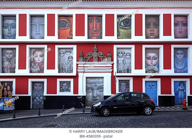 Wall of the house painted with various pictures, Old Town, Angra do Heroismo, UNESCO World Heritage Site, Terceira Island, Azores, Portugal