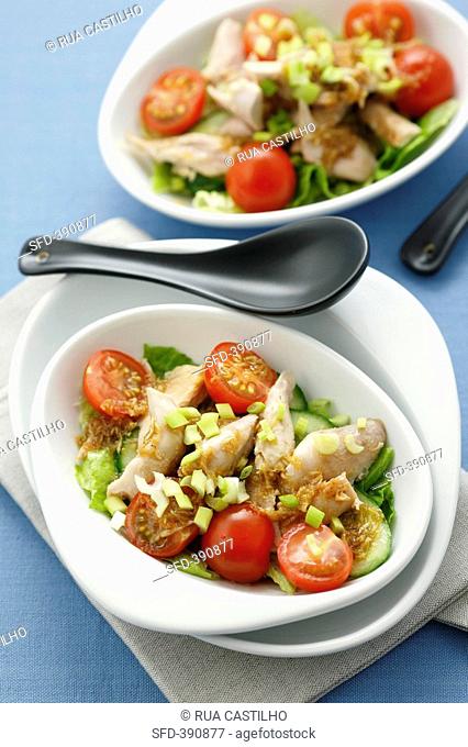 Chicken salad with cucumber, tomatoes and ginger dressing