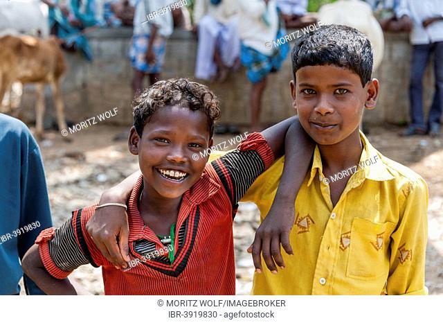 Two smiling Indian children, Begur, Karnataka, India