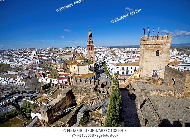 Bell tower of the Church of Saint Peter and panoramic view Carmona from the Alcazar Door Sevilla. Carmona, Seville, Andalusia, Spain, Europe