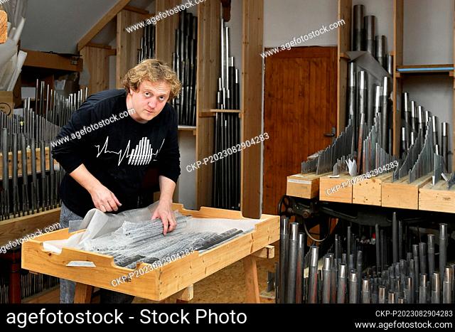 Organist Marek Vorlicek restoring a rare Gartner organ for the Brno Conservatory in Trebnice u Domazlic, Czech Republic, August 29, 2023