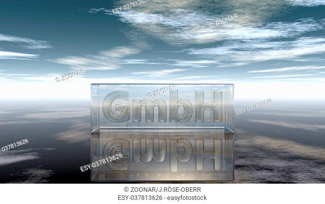 die buchstaben gmbh in glaswürfel unter wolkenhimmel - 3d illustration
