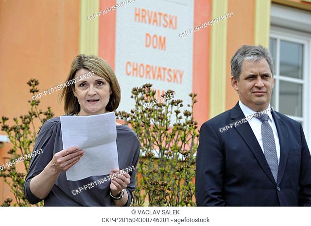 Croatian ambassador Ines Troha Brdar and Czech Minister for Human Rights and Equal Opportunity Jiri Dienstbier take part in laying the foundation stone of the...