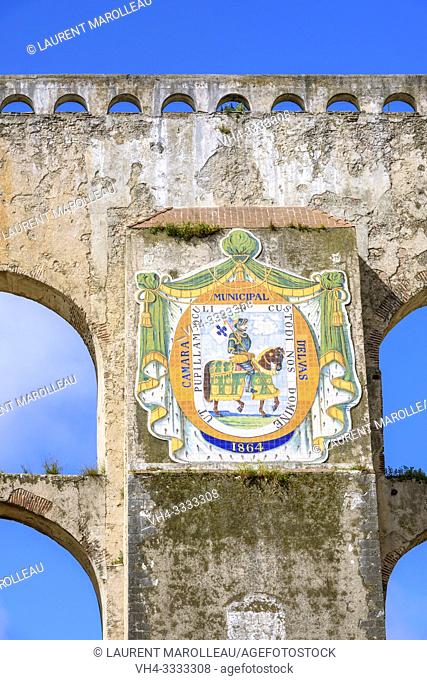 Coat of arms in Ceramic tiles on the Amoreira Aqueduct, Garrison Border Town of Elvas and its Fortifications, Portalegre District, Alentejo Region, Portugal