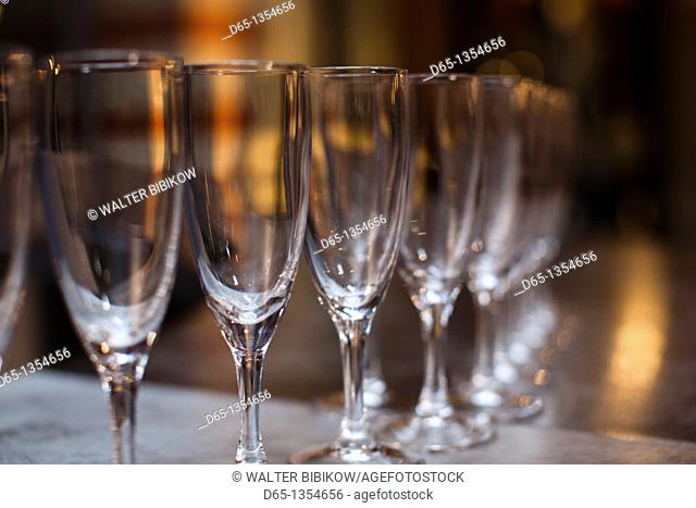 France, Marne, Champagne Ardenne, Reims, Pommery champagne winery, champagne glasses