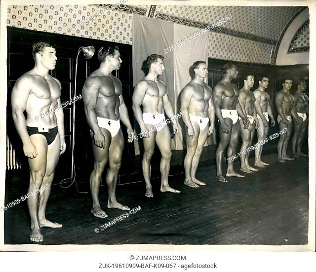 Sep. 09, 1961 - Pre-judging of the Mr. Universe contestants: the pre-judging for the Mr. Universe competition was held today in London at the royal hotel