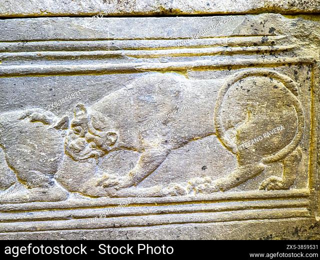 Bas relief decoration of an Etruscan sarcophagus (4th cent BC) - Tarquinia National Archaeological Museum, Italy