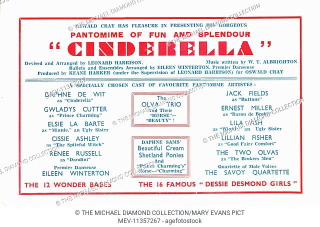 Second page of the four page flyer for Cinderella at the Grand Theatre in Derby, Christmas 1937. The stars of the show are listed here and include Daphne De Wit...