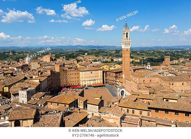 Siena, Siena Province, Tuscany, Italy. Piazza del Campo and Torre del Mangia. High view