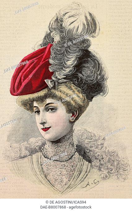 Woman wearing a hat in red velours with ostrich feathers, creation by Maison Virot, engraving from La Mode Illustree, No 48, November 26, 1905