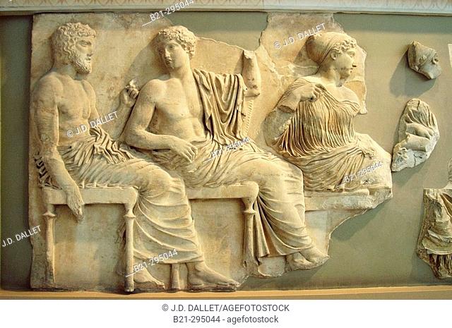 Poseidon, Apollo and Athena, Parthenon pediment sculptures at Acropolis Museum. Athens. Greece
