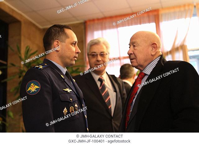 At the Gagarin Cosmonaut Training Center in Star City, Russia, Expedition 29/30 Soyuz Commander Anton Shkaplerov (left) shares a moment with legendary Russian...