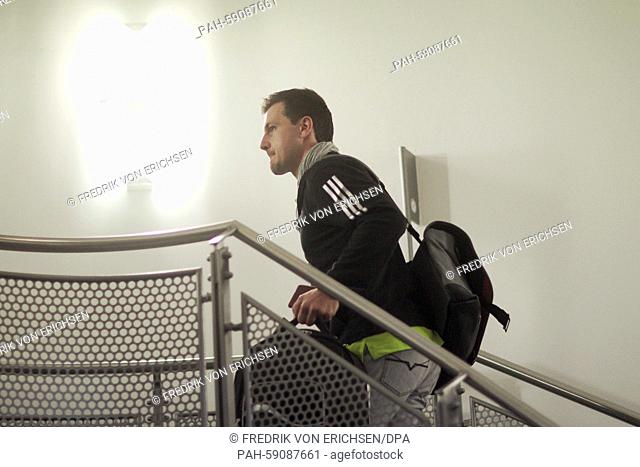 German table tennis player Timo Boll arrives for his flight to the 2015 European Games at the airport in Frankfurt, Germany, 10 June 2015