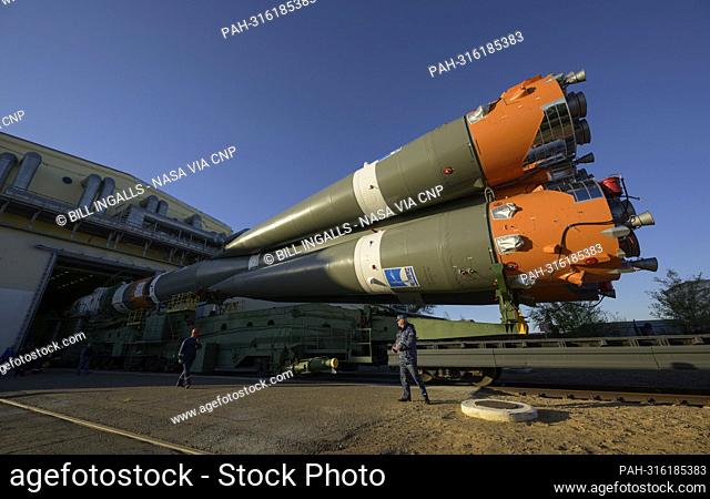 The Soyuz rocket is rolled out by train to the site 31 launch pad, Sunday, Sept. 18, 2022, at the Baikonur Cosmodrome in Kazakhstan