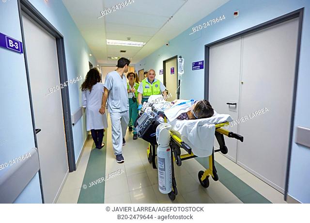 Patient transfer stretcher, Emergency room, Hospital Donostia, San Sebastian, Gipuzkoa, Basque Country, Spain