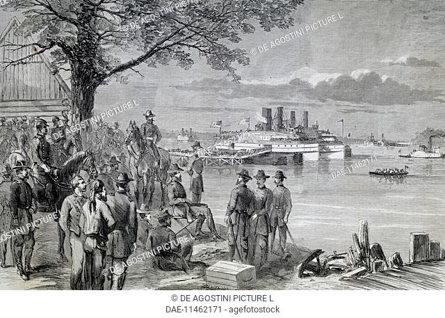 General Grant's campaign, Hancock's troops crossing the James River at Wilcox, Virginia, 1864. American Civil War, United States, 19th century