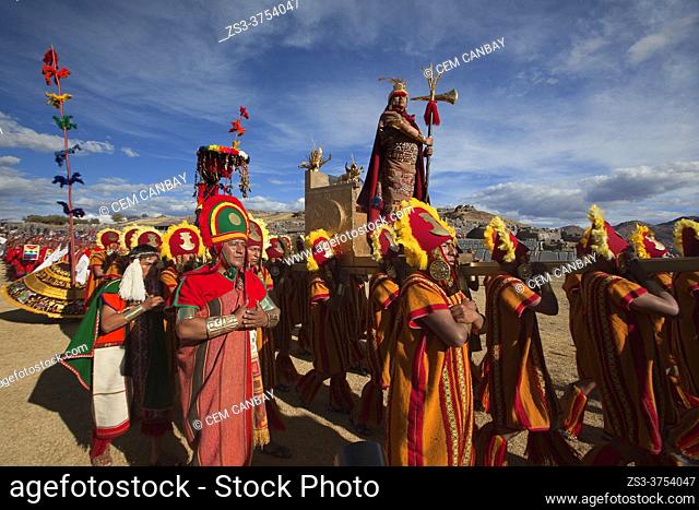 Representation of Inca King and Indigenous people with traditional costumes during a performance at the Inti Raymi Festival 2018 in Saqsaywaman Archaeological...