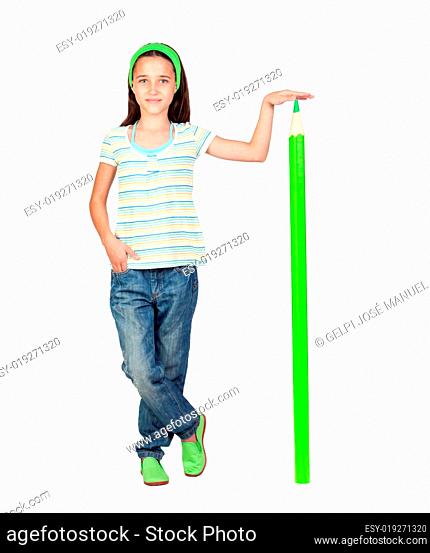 Adorable student girl with a giant green pencil
