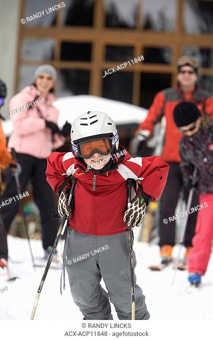 Young skiers ready for the slopes, Whistler Mountain, British Columbia, Canada