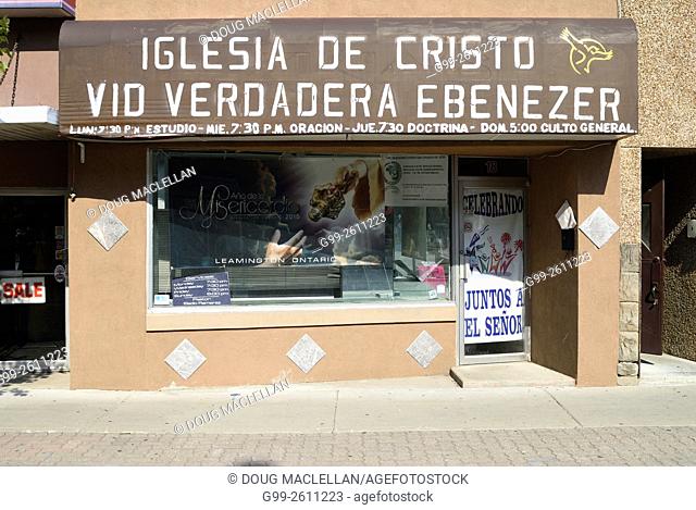 A church for Spanish speaking people - mostly migrant workers - in a storefront in Leamington, Ontario, Canada