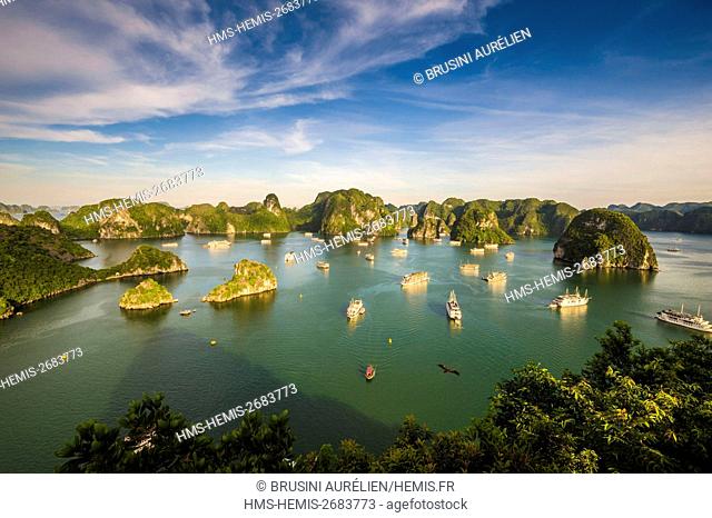 Vietnam, Gulf of Tonkin, Quang Ninh province, Ha Long Bay (Vinh Ha Long) listed as World Heritage by UNESCO (1994), iconic landscape of karst landforms