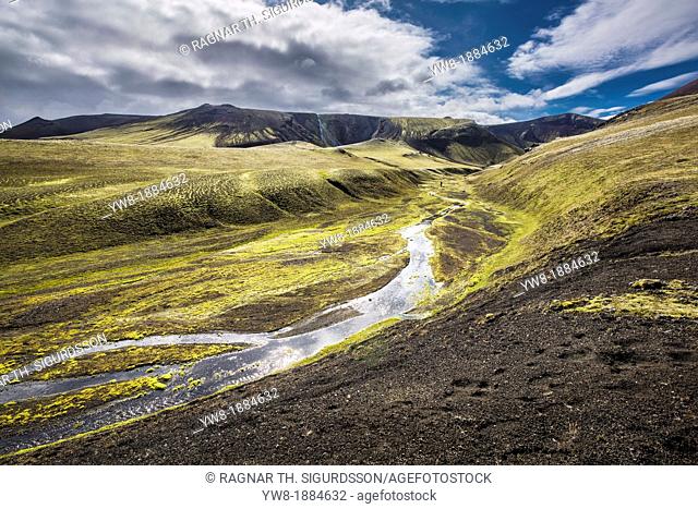 Riverbed with lava and moss landscape, Landmannalaugar, Iceland Landmannalaugar- popular destination for hiking and camping with unusual geological elements...