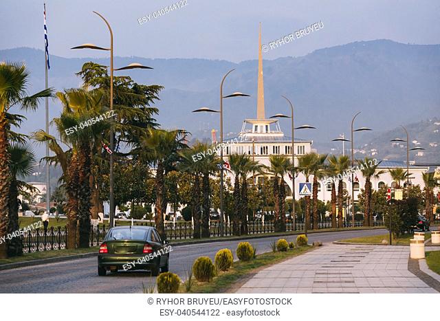 Batumi, Adjara, Georgia. Gogebashvili Street Road And Marine Station Or Maritime Station Building Batumi On Background