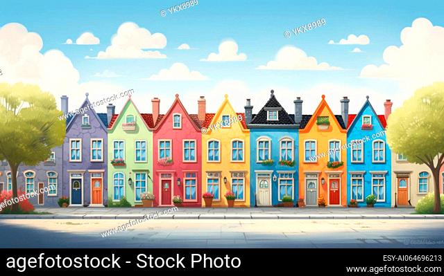 Colorful row of houses with pitched roofs presents a vibrant and picturesque sight
