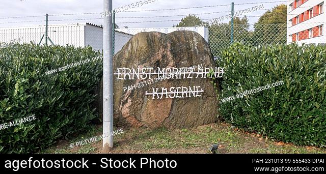 13 October 2023, Mecklenburg-Western Pomerania, Hagenow: A boulder with the inscription ""Ernst-Moritz-Arndt-Kaserne"" stands in front of the entrance to the...