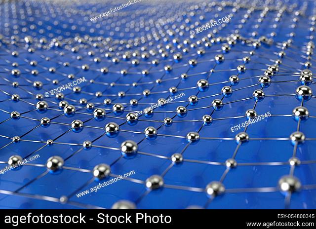 Blue wireframe metallic mesh with ball wave landscape abstract background. Big data 3d render