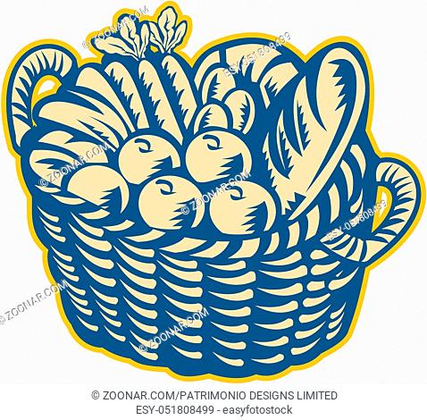 Illustration of a wicker basket full of crop harvest field with festive fruits, vegetables and bread on isolated white background done in retro woodcut style