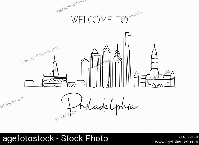 One continuous line drawing of Philadelphia city skyline, United States. Beautiful landmark. World city landscape travel vacation