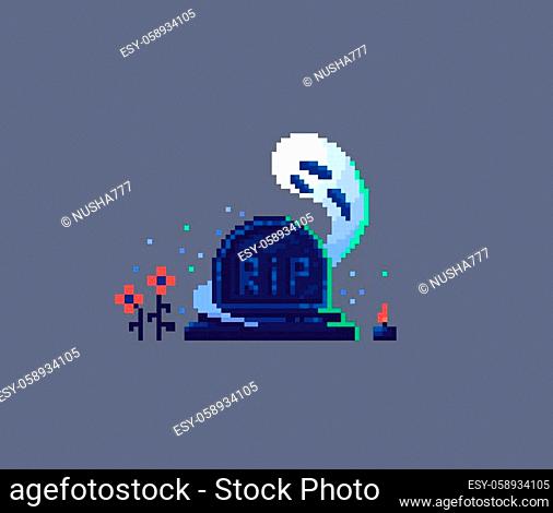Pixel art tombstone and ghost. Old gravestone item for game design. Vector illustration