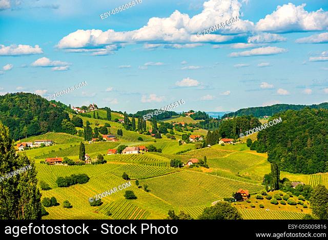 Beautiful landscape of Austrian vineyards in south Styria. Famous Tuscany like place to visit. Scenic view of idyllic Travel destination