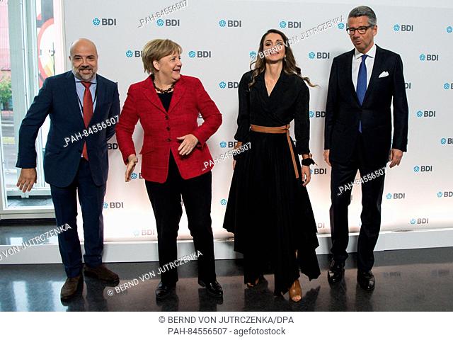 President of the Federation of German Industry (BDI), Ulrich Grillo (r), German Chancellor Angela Merkel (2.f.l, CDU), Queen Rania of Jordan (2.f