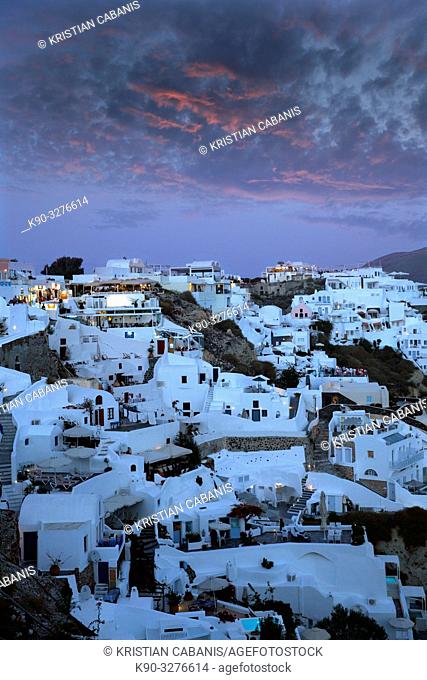 Houses in Oia at twilight, Santorin, Greece, Europe