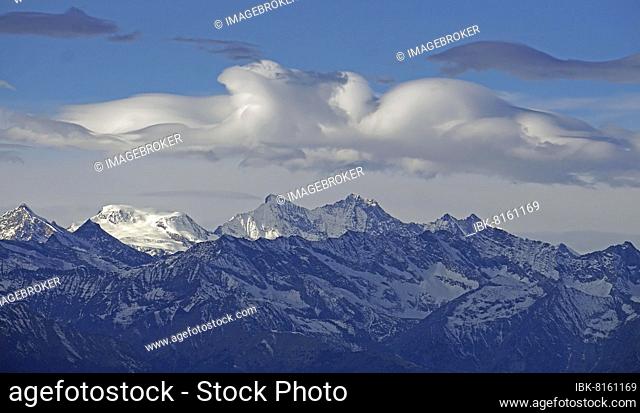 View from Pizzoni di Laveno to the Swiss peaks Alphubel (4206 m), Täschhorn (4491m), Dom (4545 m), Laveno, Lago Maggiore, Lombardy, Italy, Europe