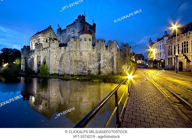 Walls and moat of the Gravensteen Castle and the city center of Ghent, Flemish Region, Belgium, Europe
