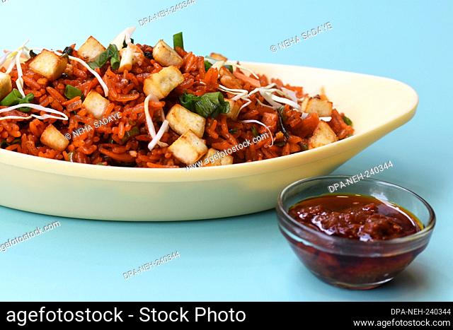 Schezwan paneer fried rice with schezwan sauce, Chinese fried rice with paneer, indo-chinese cuisine dishes. selective focus