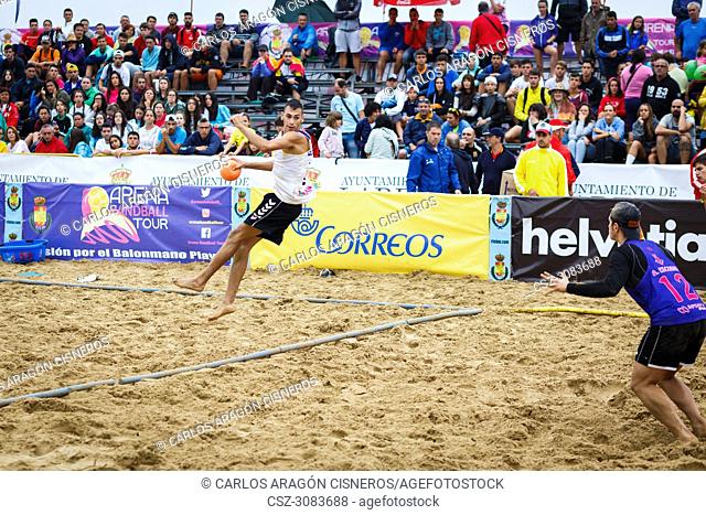 LAREDO, SPAIN - JULY 31: Unidentified, BM Playa Mar Menor, player launches to goal in the Spain handball Championship celebrated in Laredo in July 31