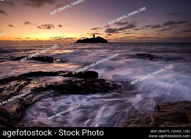 High Tide at Sunset, Godrevy Point and Lighthouse, St Ives Bay, North Cornwall
