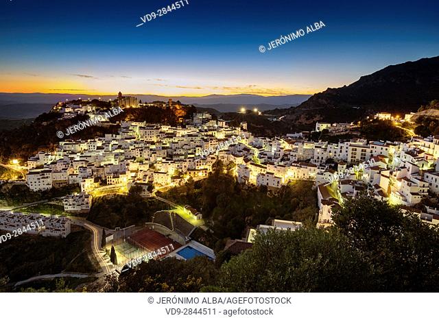 Panoramic at dusk. White village of Casares, Malaga province Costa del Sol. Andalusia Southern Spain, Europe