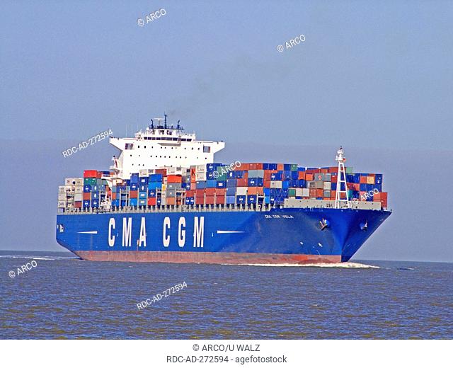 Container ship CMA CGM Vela, Elbe River, Lower Saxony, Germany