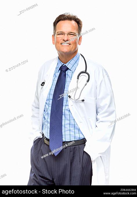 Handsome Smiling Male Doctor in Lab Coat with Stethoscope Isolated on a White Background