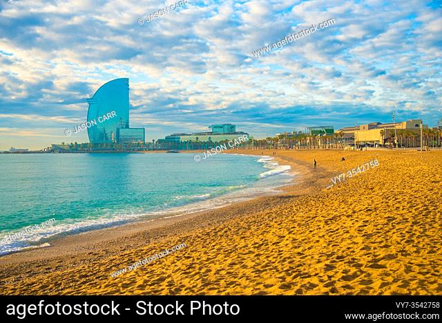 Barceloneta beach in Barcelona, Spain. Barcelona is known as an Artistic city located in the east coast of Spain