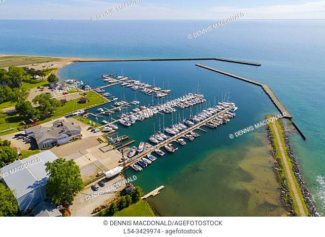 Marina boat docks and jetty with breakwall at Port Sanilac Michigan