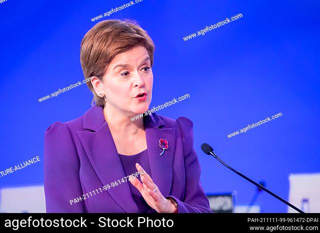 11 November 2021, United Kingdom, Glasgow: Nicola Sturgeon, First Minister of Scotland, speaks at a panel discussion with Ugandan climate activist Nakate at the...